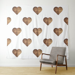 Symmetric Large Rustic Brown Wooden Hearts Tapestry