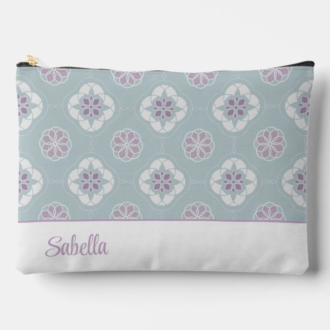 Symmetric Pink Flower Tiled Pattern on Sage Accessory Pouch (Front)