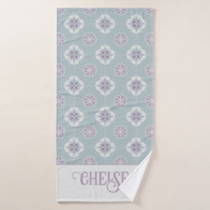 Symmetric Pink Flower Tiled Pattern on Sage Bath Towel