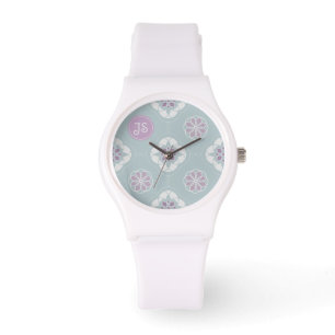 Symmetric Pink Flower Tiled Pattern on Sage Watch