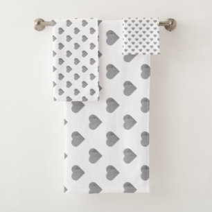 Symmetric Small Concrete Grey Hearts on White  Bath Towel Set