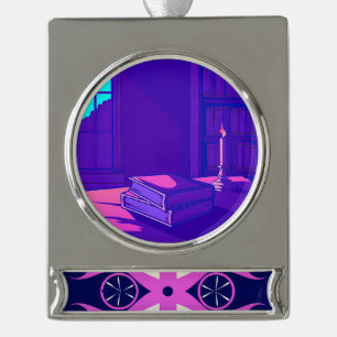 Symmetrical Abstract Pattern in Purple and White Silver Plated Banner Ornament