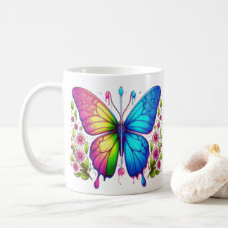 Symmetrical Beauty: Pink and Blue Butterfly with  Coffee Mug