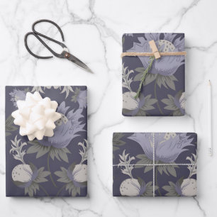 Symmetrical dark purple floral pattern wrapping paper sheet