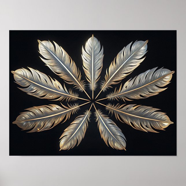Symmetrical Feathers: Golden & Silver Elegance Poster (Front)