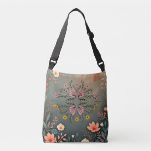 Symmetrical Folk Botanical Illustration Crossbody Bag