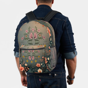 Symmetrical Folk Botanical Illustration Printed Backpack