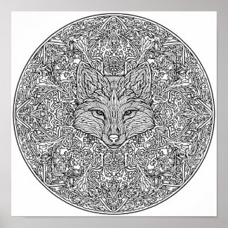 Symmetrical Fox Christmas Mandala Template Poster