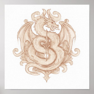 Symmetrical Heraldic Art: Gothic Dragon Emblem Poster
