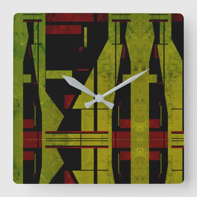 Symmetrical Olive Green Black Red Tiered Design Square Wall Clock (Front)