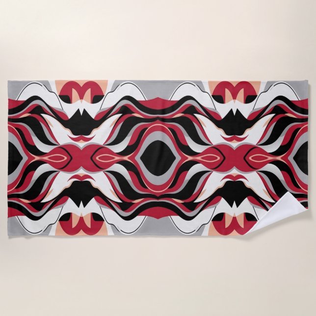 Symmetrical Red and Black Abstract Flow Pattern Beach Towel (Front)