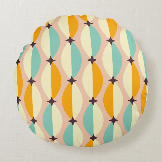 Symmetrical retro pattern with interlocking teal round cushion (Front)