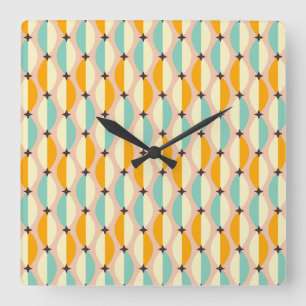 Symmetrical retro pattern with interlocking teal square wall clock