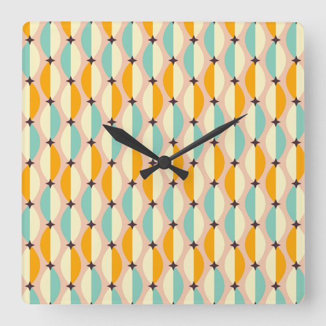 Symmetrical retro pattern with interlocking teal square wall clock (Front)
