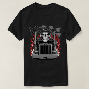 Symmetrical Skull and Truck with Grayscale Flag T-Shirt