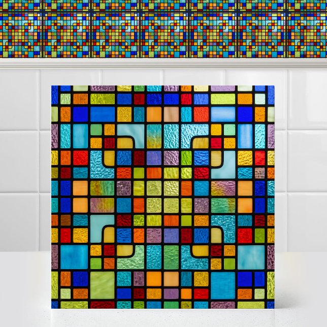 Symmetrical Square Matrix Abstract Stained Glass Tile (Classical Antique Symmetrical Square Matrix Abstract Stained Glass Ceramic Tile)