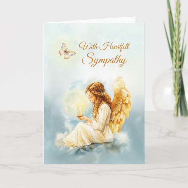 Sympathy Angel with Candle Butterfly in Watercolor Card (Front)