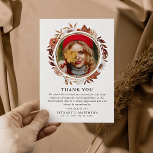 Sympathy Autumn Fall Wreath Funeral Photo  Thank You Card