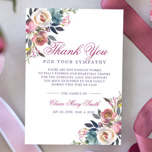 Sympathy Bereavement Burgundy Floral Funeral Thank You Card