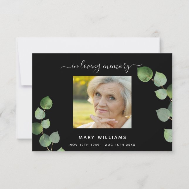 Sympathy black eucalyptus photo thank you card (Back)