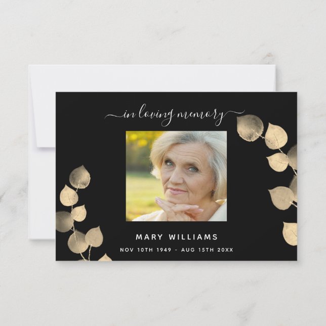 Sympathy black golden eucalyptus photo  thank you card (Back)