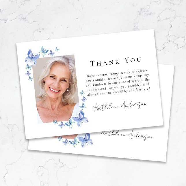 Sympathy Blue Butterflies Photo Funeral  Thank You Card (Creator Uploaded)