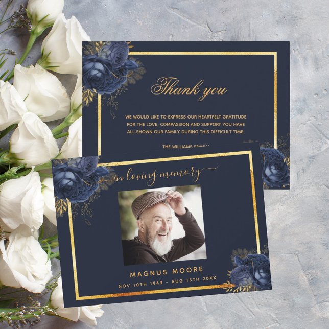 Sympathy blue floral gold thank you photo card (Creator Uploaded)