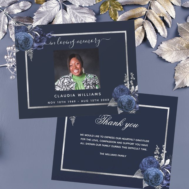 Sympathy blue floral photo thank you card (Creator Uploaded)