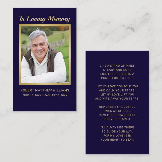 Sympathy Blue Gold Photo Funeral Memorial Card (Front/Back)