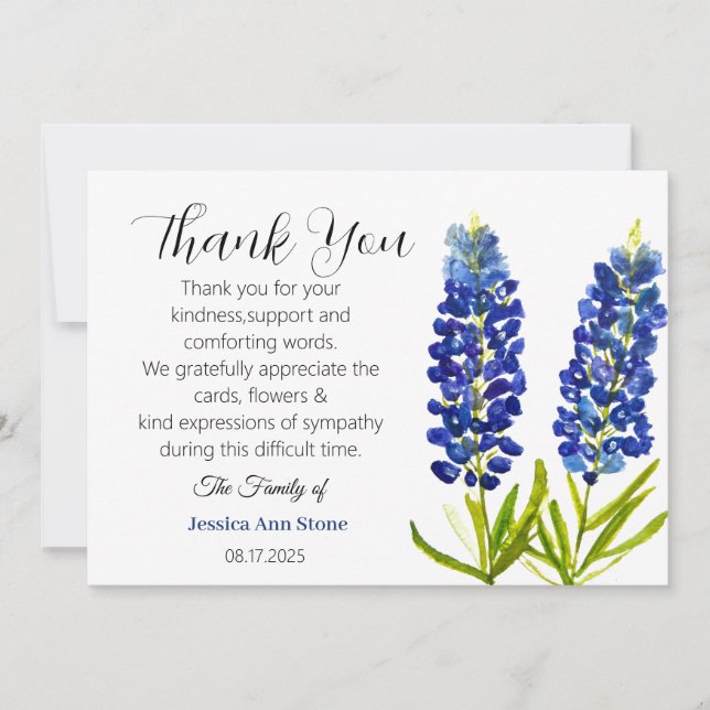 Sympathy Bluebonnets Funeral Death Thank you  Invitation (Front)