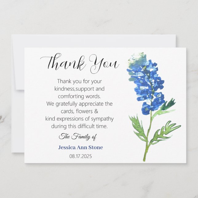 Sympathy Bluebonnets Funeral Death Thank you  Invitation (Front)