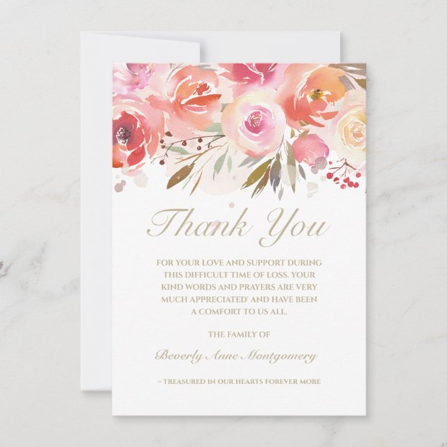 Sympathy Blush Pink Watercolor Floral Thank You Card (Front)
