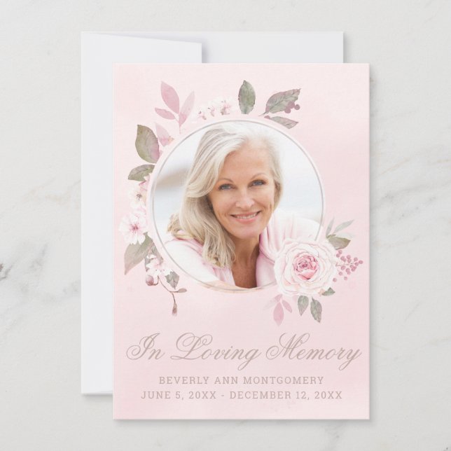 Sympathy Blush Rose Floral Photo Memorial Thank You Card (Front)