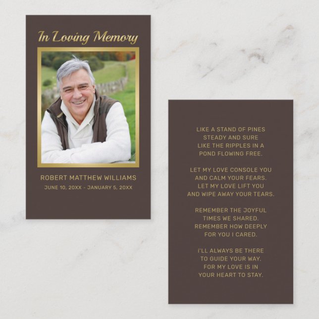 Sympathy Brown Gold Photo Funeral Memorial Card (Front/Back)