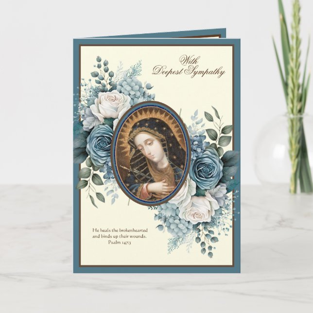 Sympathy Catholic Virgin Mary Blue Floral  Card (Front)