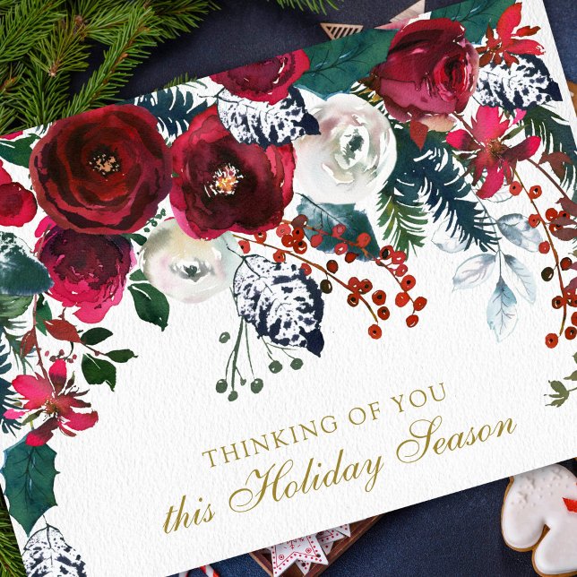 Sympathy Christmas Holiday Cards | Floral Bouquet (Watercolor Winter Roses Remembrance Memorial Sympathy Cards)