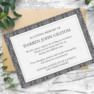Sympathy Damask Silver Funeral Thank You Cards