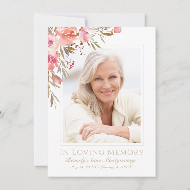 Sympathy Elegant Blush Floral Rose Photo Funeral Thank You Card (Front)