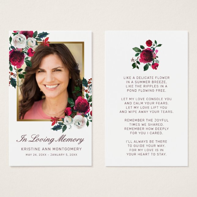 Sympathy Elegant Red Rose Gold Photo Poem Card (Front & Back)