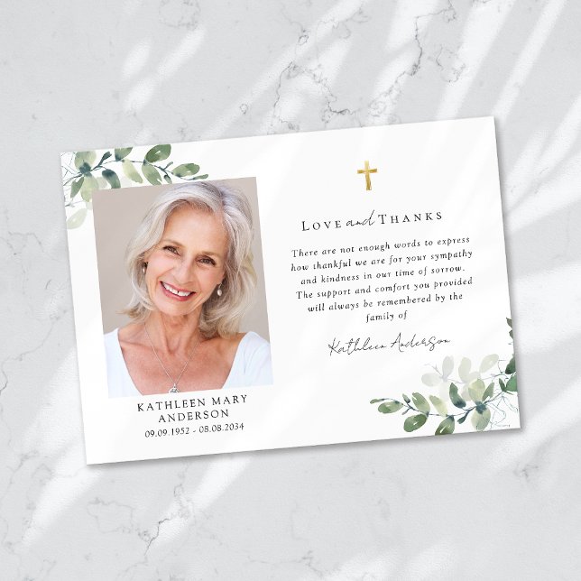 Sympathy Eucalyptus Cross Photo Funeral  Thank You Card (Creator Uploaded)