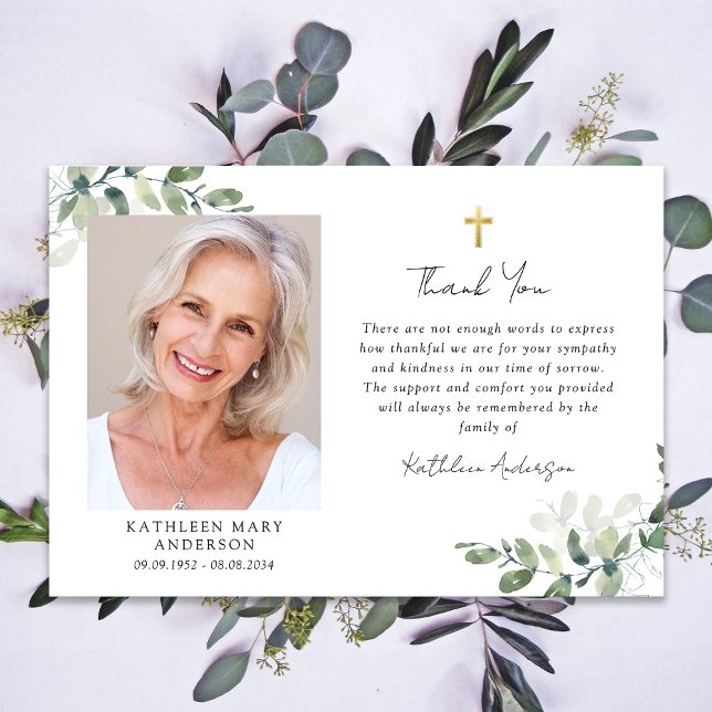 Sympathy Eucalyptus Cross Photo Funeral  Thank You Card (Creator Uploaded)