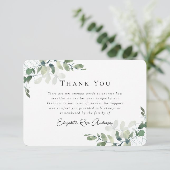 Sympathy Eucalyptus Funeral  Thank You Card (Standing Front)