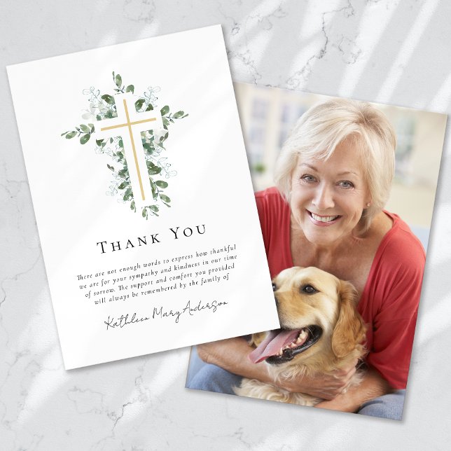 Sympathy Eucalyptus Gold Cross Funeral  Thank You Card (Creator Uploaded)