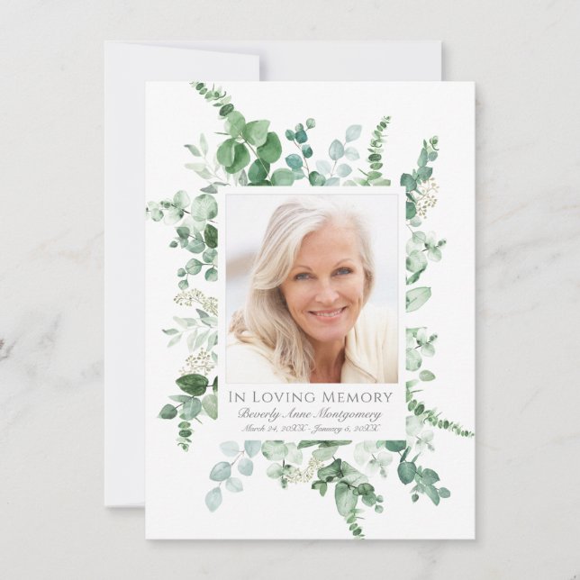 Sympathy Eucalyptus Greenery Silver Photo Memorial Thank You Card (Front)