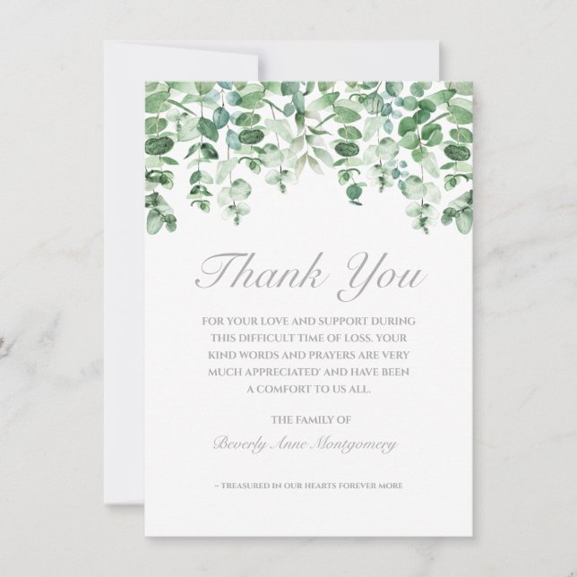 Sympathy Eucalyptus Watercolor Greenery Thank You Card (Front)