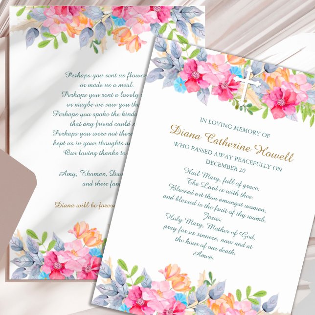 Sympathy Floral Cross Funeral Thank You Card (Floral Garden with Cross Sympathy Memorial Bereavement Funeral Thank You Card)