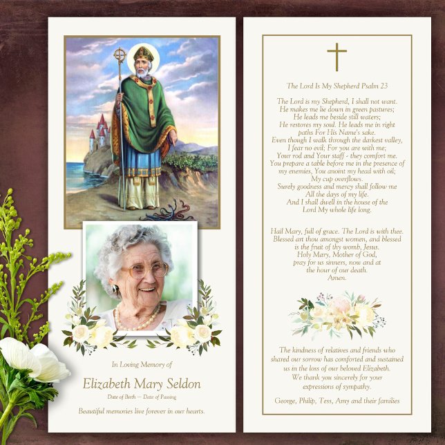 Sympathy Floral St Patrick Funeral Thank You Card (Catholic, Religious, Celebration of Life, In Loving Memory of, Forever in our hearts, funeral cards)