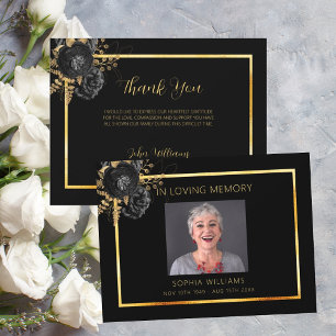 Sympathy funeral black floral photo thank you card