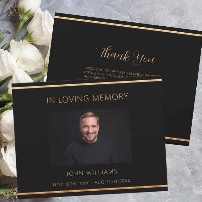 Sympathy funeral black gold photo thank you card (Creator Uploaded)