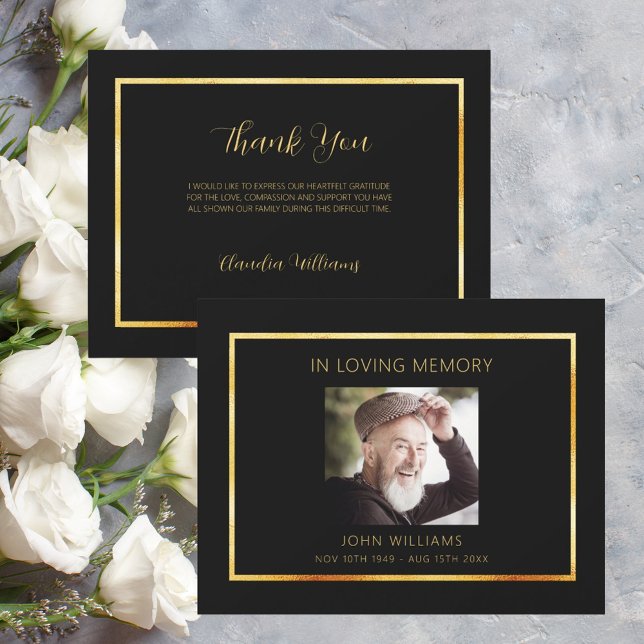 Sympathy funeral black photo thank you card (Creator Uploaded)